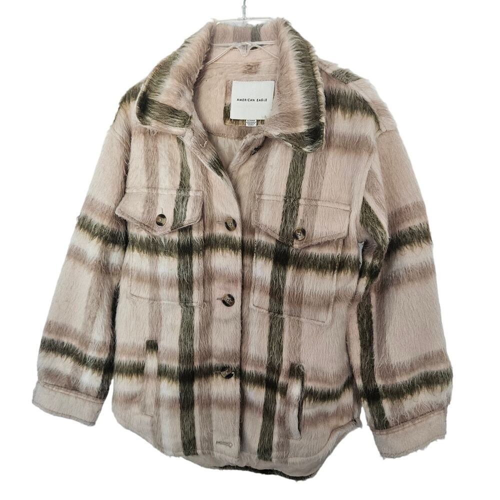 American Eagle Brushed Plaid Oversized Shacket Jacket Womens Sz XS Cream